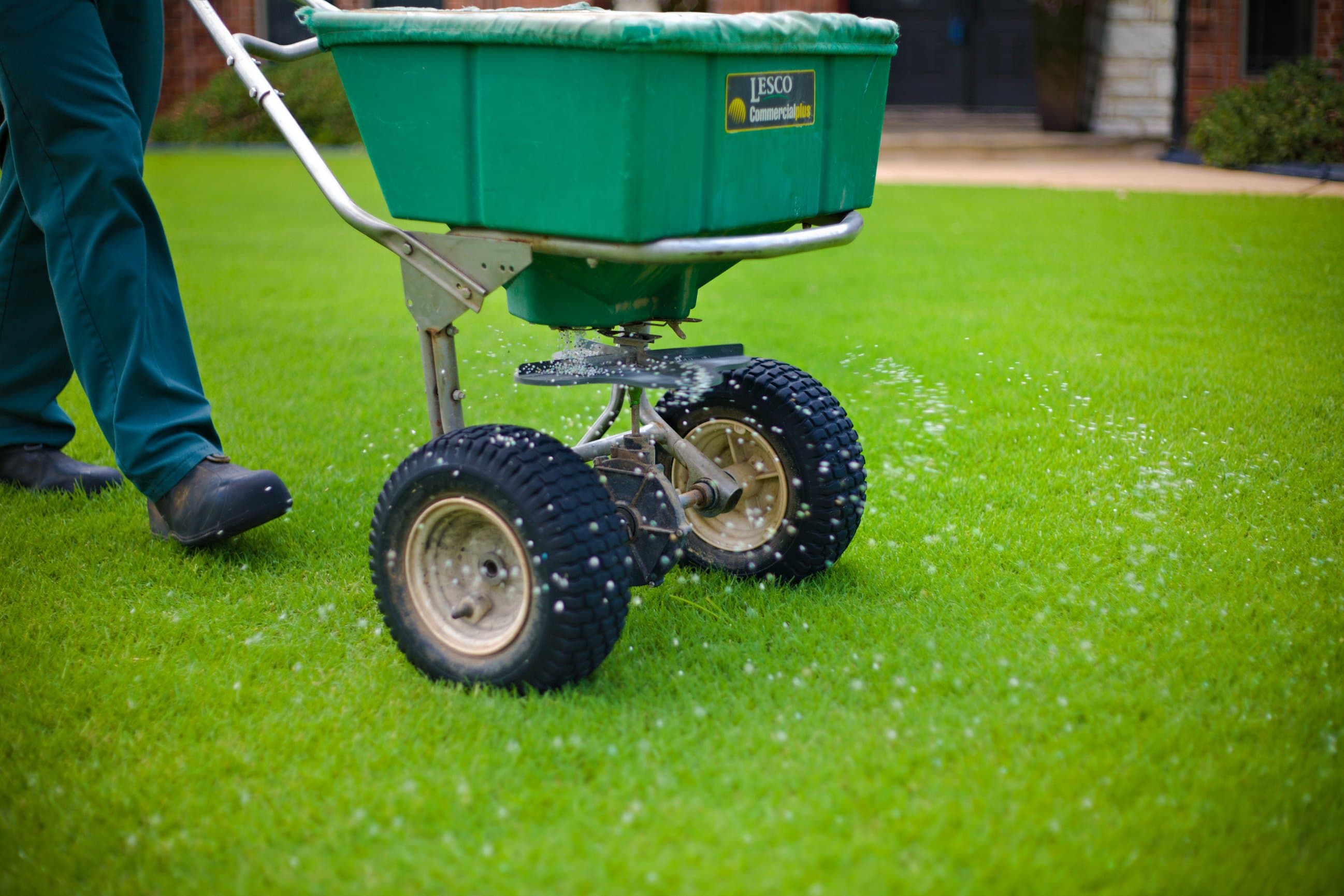 Fertilizer spreader on a deep green lawn